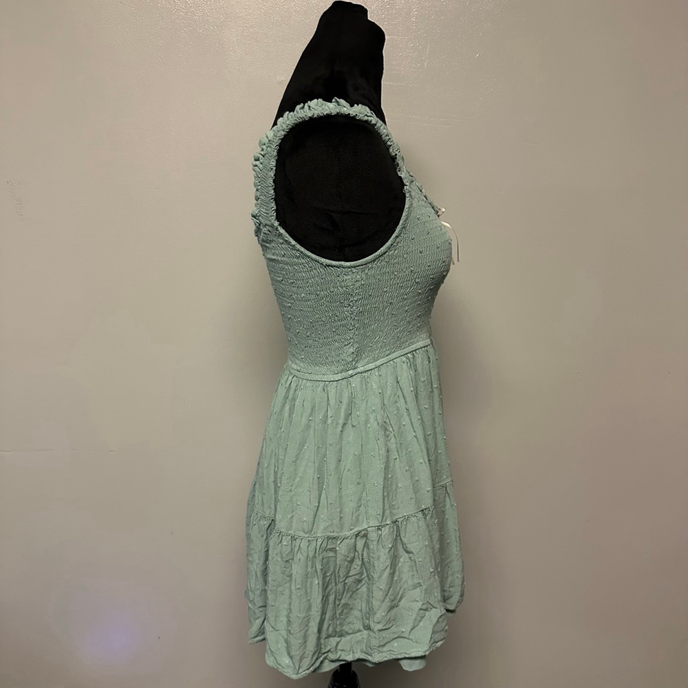 Women's MINE Green Smocked Tiered Mini Dress with Bow Size medium babydoll fairy - Picture 3 of 9